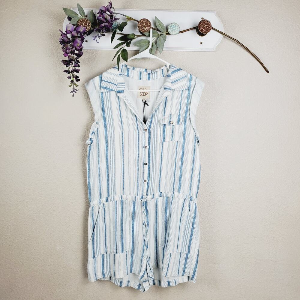 🌊 NWT Chaser Beachy Linen Roll Sleeve Romper Blue M